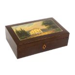 A good early 19th Century Spa work sewing box of rectangular form, the brown ground below a