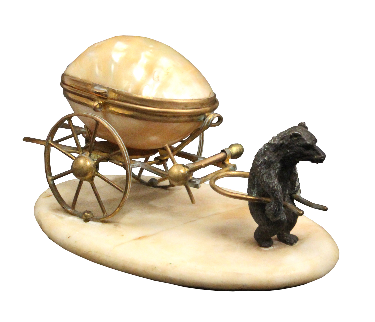 A sewing companion, circa 1870, in the style of Palais Royal in the form of a gilt mounted mother of