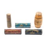 Four needle cases comprising a wooden transfer decorated barrel form multiple example, 5.4cm,