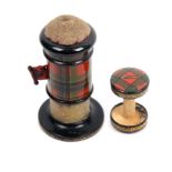 Tartan ware - sewing - two pieces comprising a combination waxer/tape measure/pin cushion (M'