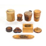 Mauchline ware - nine pieces - comprising a Medlock tape casket (photographic - Okehampton Fore St.)