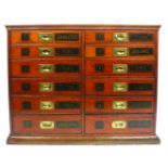 A late 19th Century mahogany shop fitting of twelve uniform drawers each with a numerical 1-12 in