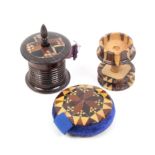 Three pieces of Tunbridge ware - sewing - comprising a disc form pin cushion, 3.5cm, a combined