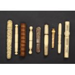 Nine various needle cases comprising a 19th Century Chinese carved ivory example, cover loose, 9.