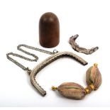 Purses and related items comprising a wooden thimble-shaped purse mould or Moule Turc, 8cm, a