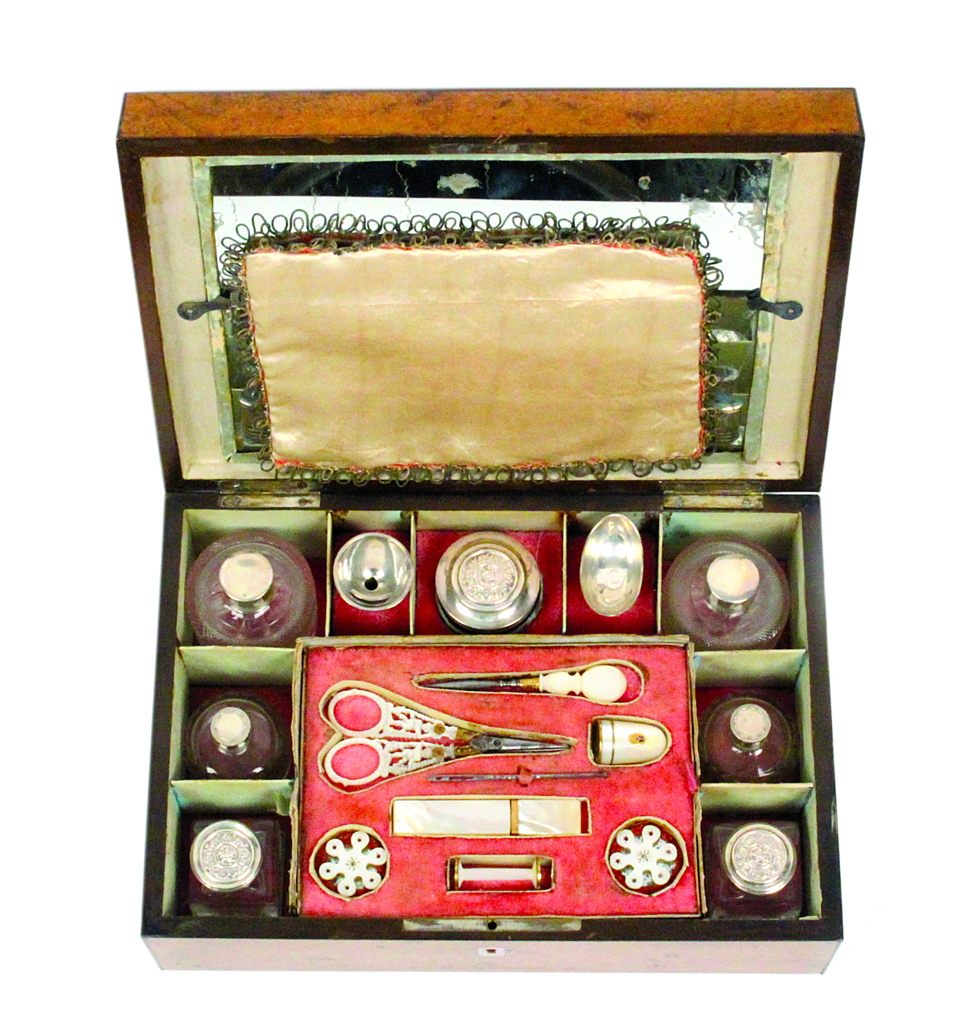 A French Palais Royal musical travelling and sewing box, in burr walnut edged in ebony and of