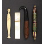 Four needle cases comprising a Palais Royal style mother of pearl example of rectangular section,