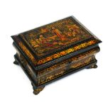 A fine Chinoiserie decorated Regency sewing box with a few accessories, the box of bombe and
