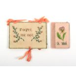 Two Bristol card type needle books, both rectangular, one embroidered with a pansy over 'a moi'