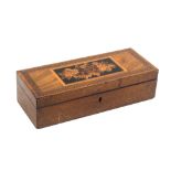 A Tunbridge ware faded rosewood rectangular box, the hinged lid with a floral mosaic panel within