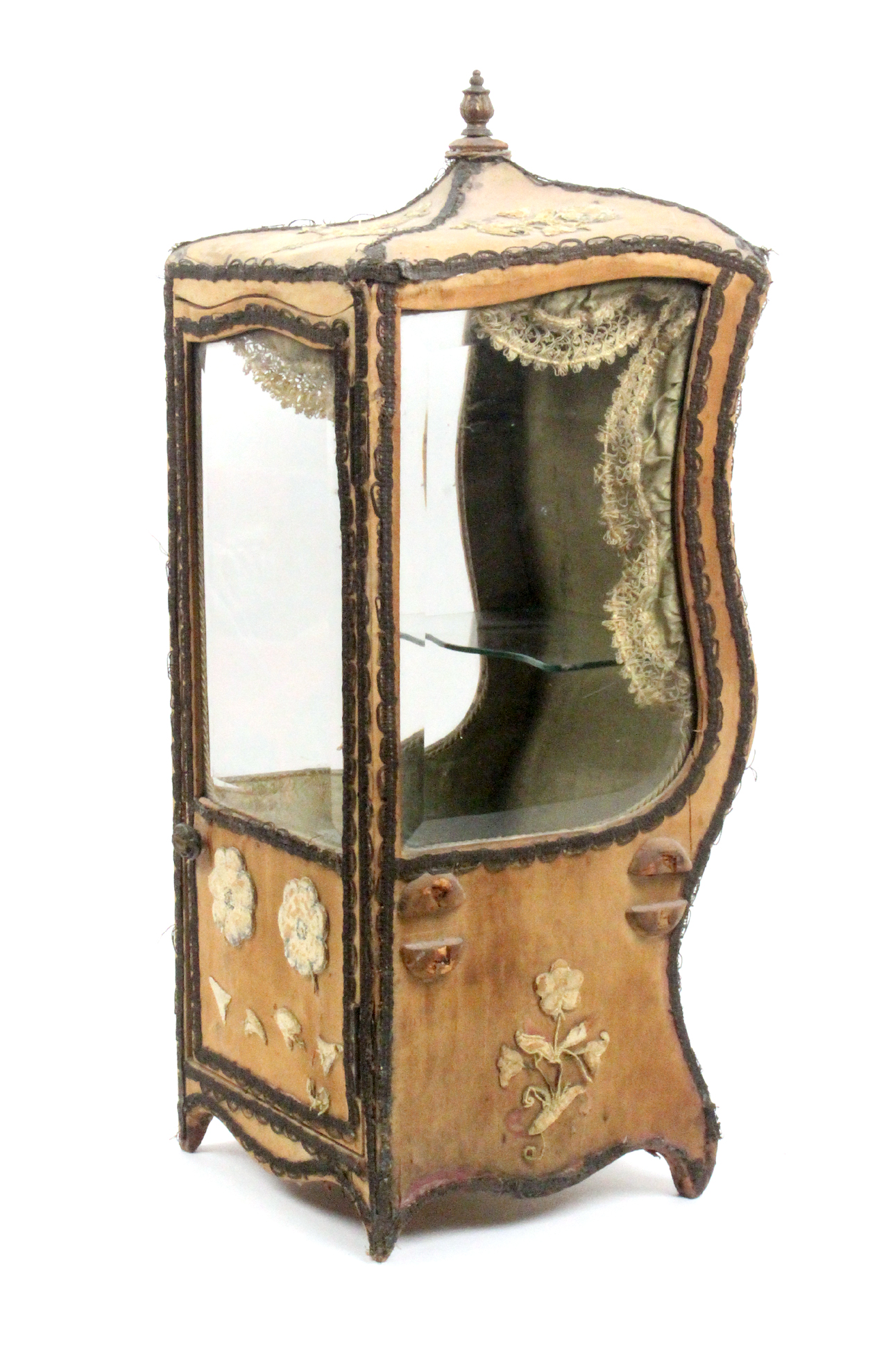 A 19th Century model of a sedan chair fitted as a display cabinet, the carcass covered in faded