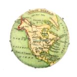 A rare colour printed silk pin disc circa 1830, one side with a map titled 'North America' the