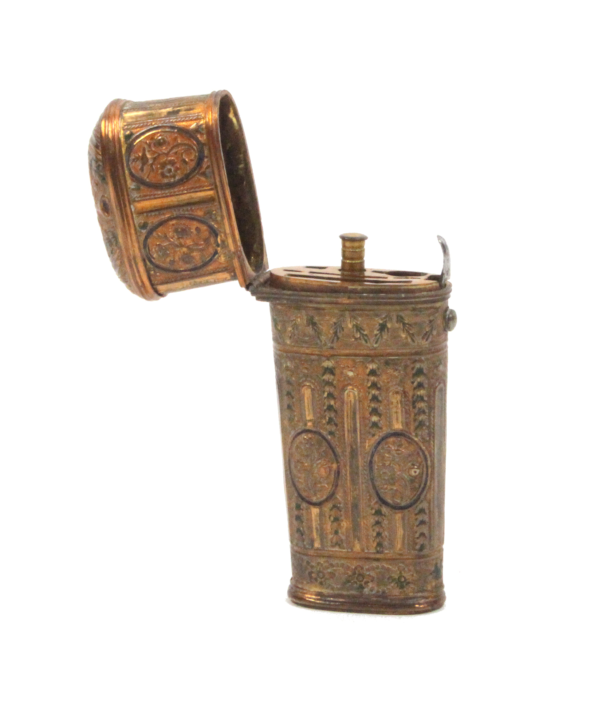 A late 18th Century gilded copper and silvered etui of oval section and tapering form, decorated