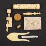 A mixed lot - sewing comprising a 19th Century carved ivory reversible stiletto, 8cm, a bone