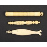 Two needle cases and a stiletto comprising a bone fish form needle case, the screw terminal