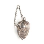 A silver thimble case for a chatelaine of acorn form decorated with 'C' scrolls and flowers,