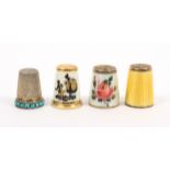 Two Norwegian thimbles and two others comprising a yellow enamel example marked to internal apex for