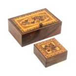 Two Tunbridge ware rosewood boxes comprising a rectangular example the pin hinge lid with a panel of