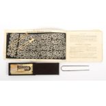 A 19th Century hair pin lace makers set and associated items comprising a rectangular sliding lid