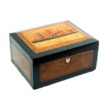 A mid Victorian sailor's sweetheart sewing box of rectangular form in burr walnut within ebonised
