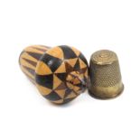 A Tunbridge acorn form thimble case in stickwork with turned finial to screw cover, with a brass
