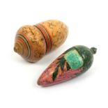 An early painted Tunbridge ware rosebud pin poppet and a thimble acorn, the pin poppet painted in