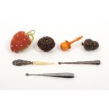 A mixed lot - sewing - comprising a beaded velvet strawberry emery, a steel tweezer/earspoon, 8cm,