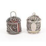 Two late 18th Century English silver filigree tape measure bases for scent bottle thimbles, one with