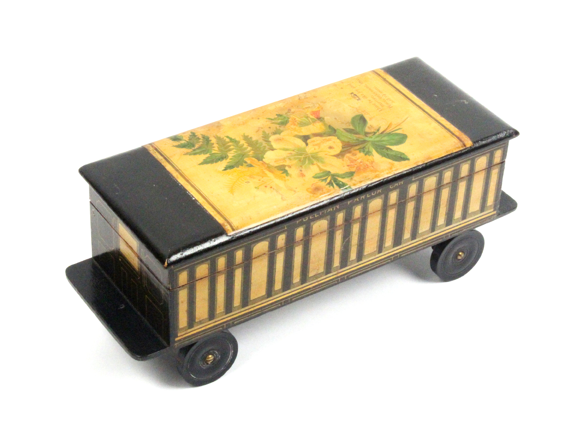 Mauchline ware - sewing - a rare 'Pullman Parlor Car' reel box, hinged lid with floral print and