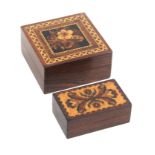 Two Tunbridge ware rosewood boxes both with lift off lids, one with a floral mosaic panel, 6.2cm
