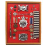 Police badges, medals and buttons - a framed display comprising Tayside Police buckle, Met Police