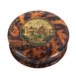 An early Tunbridge ware circular box in simulated tortoiseshell, the domed lid with a colour print