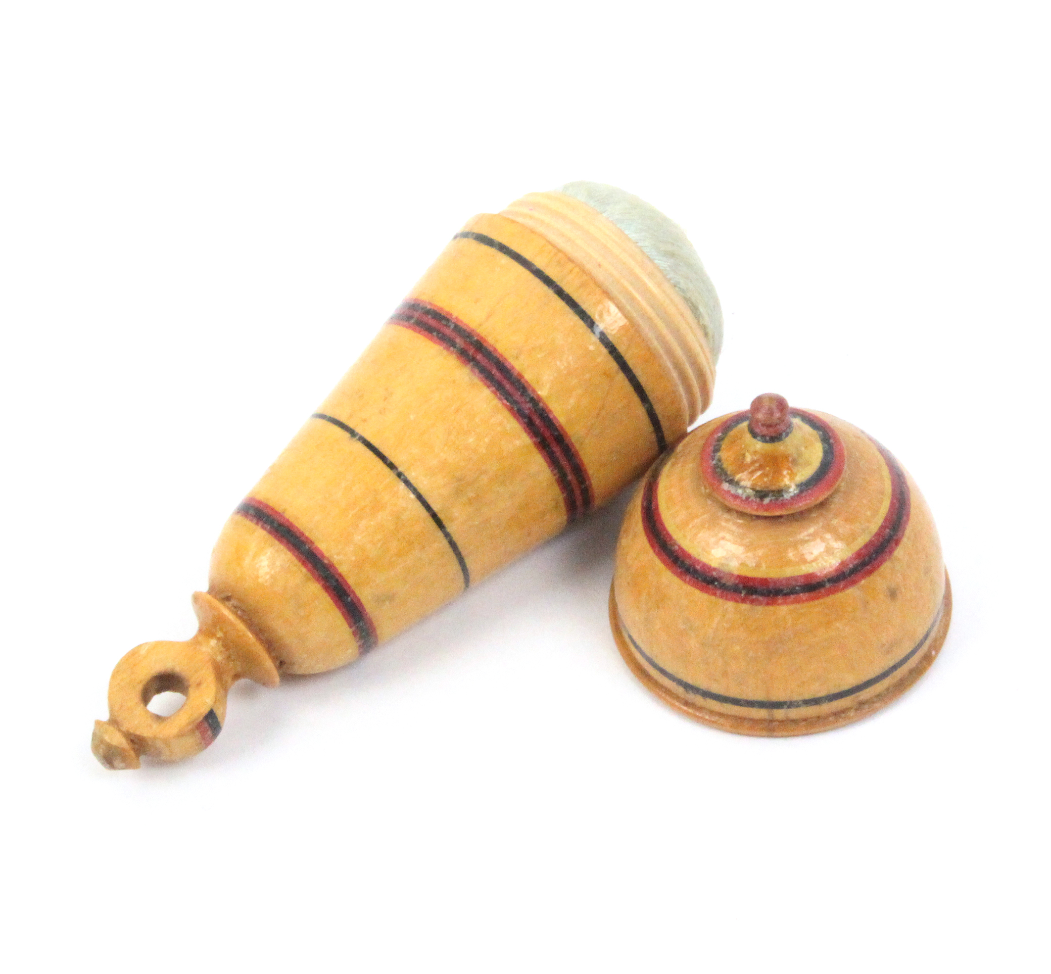 A painted Tunbridge ware pin poppet of pear form with ring turned decoration below hanging loop,