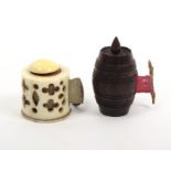 Two tape measures comprising a rosewood barrel form example the tape neatly inked in nails and