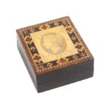 A Tunbridge ware rosewood stamp box, the lid with applied print 'Receipt Stamps' within a