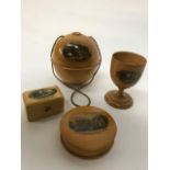 Mauchline ware-four pieces-comprising a wool ball holder (Shakespeare's House , Stratford On Avon)