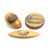 Mauchline ware - sewing - three pieces comprising a shuttle (Grand Parade, Eastbourne), 8cm, a