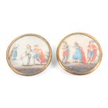 Buttons - a pair of 18th Century buttons, each painted on ivory with figures in costume and titled