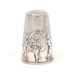 A French silver fable thimble 'la Ronde' girls dancing with garlands to a female lyre player,