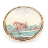 Button - a fine 18th Century button painted with a landscape, to the fore a gentleman fishing,