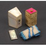 Four needle packet containers, comprising a slant top mother of pearl example, 5.4cm., a scarce