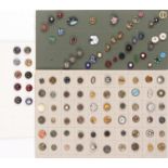 Buttons - three card displays of tinies, in various materials including enamel and glass, circa. 110