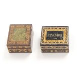 Tunbridge ware - two stamp boxes, both rectangular comprising an example titled to the lid in mosaic
