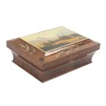 A good Spa Work sewing box, circa 1835, in stained burr yew or maple, the concave sides below an
