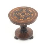 A good rosewood Tunbridge ware pin table, the circular top in stickware, on a turned pedestal,