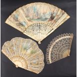 Three 19th Century fans, comprising a mid 19th Century example with figural carved and pierced ivory