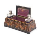 A Tunbridge ware dressing table box by Thomas Barton the sloping sides raised on bun feet and with a