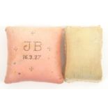 Two large format pin cushions comprising a faded pin stuck example 'JB-16.3 - (18) 37', 16cm. and