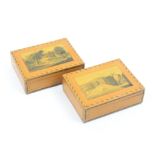 A pair of Spa work rectangular boxes, possibly for playing cards, each with a titled view 'Place