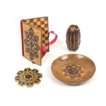 Tunbridge ware - sewing - four pieces comprising an oak pin dish with mosaic circular panel, 7cm,